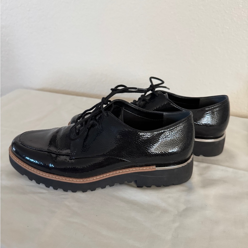 Franco Sarto Charles Black Patent Loafers with Tan Trim